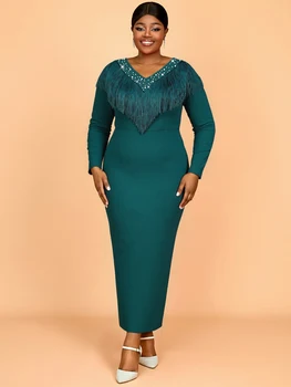 AM050818 Long Sleeve High Waist V Neck Tassel Beading Green Women Evening Dress