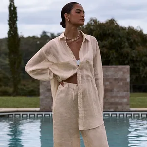 Poxiao Custom LOGO ODM&OEM Clothing Manufacturers in China 100% Linen  Womens Shirt and Pants Set 2 Piece Set Women