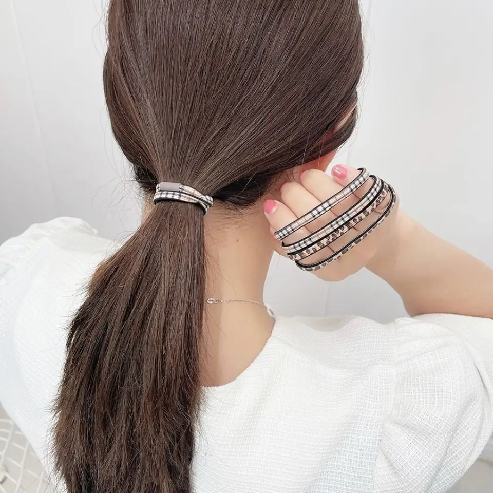 6mm Wide Flat Leopard Prints Khaki Hair Scrunchies Plaid Elastic Hair Bands Top Elasticity Ponytail Holder Hair Ties for Girl