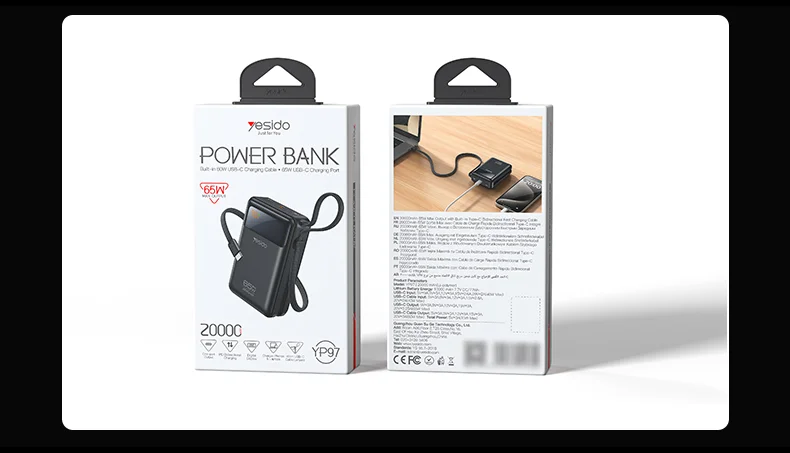 Yesido 20000mAh PD65W Fast Charging Digital Display With 40cm Long Type-C Cable Power Bank Rechargeable Notebook YP97