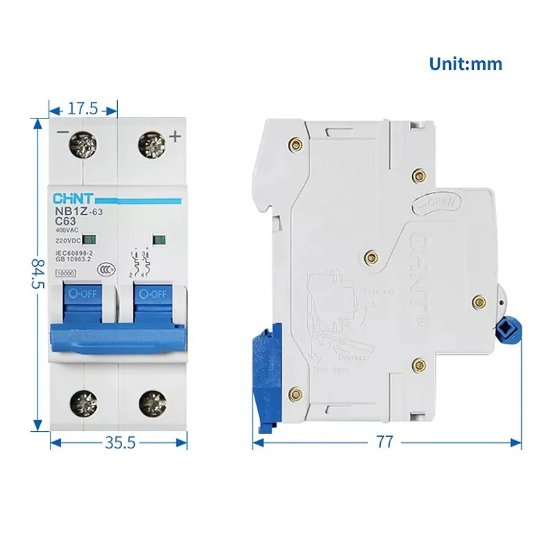 Chint NB1Z-63 AC DC MCB 6kA 10kA 1P 2P 6A 10A 16A 20A 25A 32A 40A 50A 63A 12V 24V 48V 60V 110V 220V CHNT DC Mini Circuit Breaker