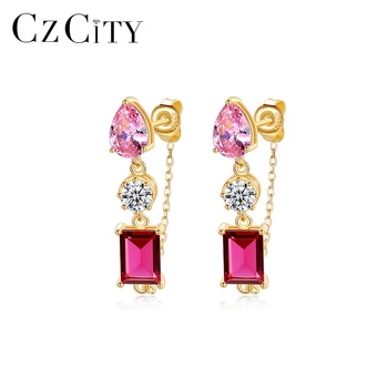CZCITY Fashion 925 Sterling Silver Jewelry Gold Plated Red Synthetic Gemstone Zirconia Drop Pary Chain Link Earrings