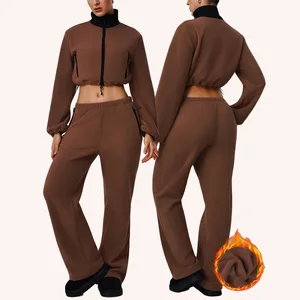 Gym Women Cropped Active Jacket Pants Brown Workout Two Piece Set Long Sleeve Lounge Wear Luxury Manufacturer for Women