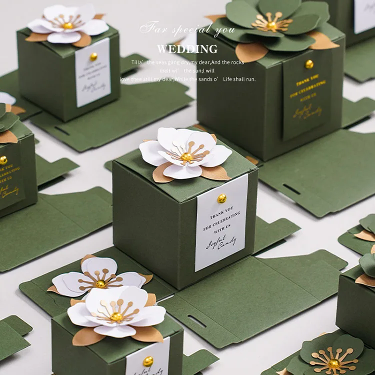 50 Sets Green Leaf Pattern Gift Boxes With Ribbon - Vase Shape Candy Boxes For Wedding, Party Favors