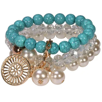 Fashion Boho Faux Pearl Turquoise Multilayer Gemstone Beads Stretch Charm Bracelet Multilayer Acrylic Resin Beads Beach Bracelet