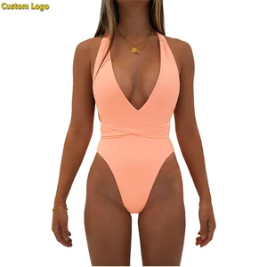 Custom Logo High Quality Direct Sales Wholesale Price Swimwear Girl Bikini Solid Color Bathing Suit One-piece Deep V Swimsuit