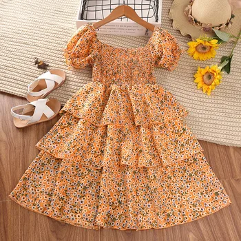 Girls dress new 2022 summer foreign style small floral bubble short-sleeved chiffon princess skirt children's clothing