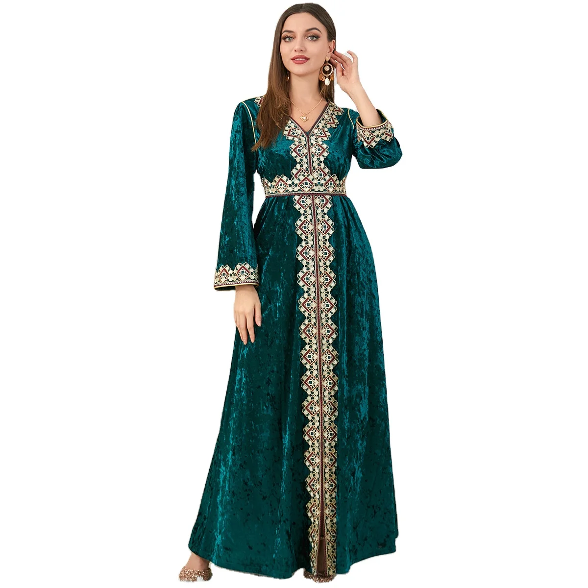 Floral Embroidery Guipure Lace Panel Belted Dress Luxury Velvet