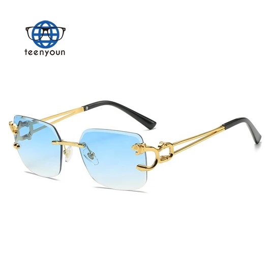 Teenyoun Multi Color 90S Rectangle Small Frame Sun Glasses Woman Man Tiger Design Transparent Metal Square Rimless Sunglasses
