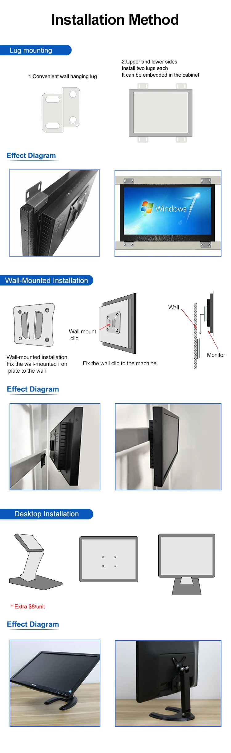Wholesale Price 12.1" 12" Wall Mount Metal Snap Wide Touch Screen Ear Mounted Industrial Panel Computer Industri Monitors