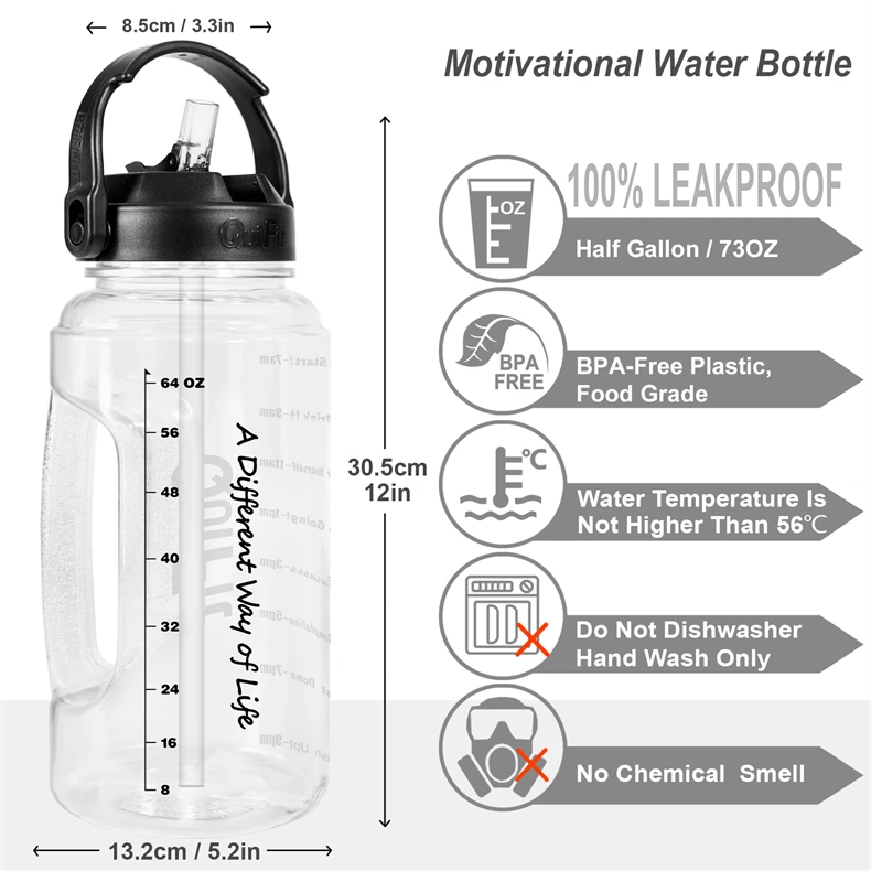 73 Oz/ 2.2 L Water Bottle With Straw Large Water Bottle With Portable ...