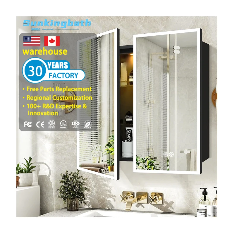Custom Double Door LED Bathroom Mirror Cabinet Bathroom Cabinet with Makeup Organizer Anti-Fog & Triple Color Lighting for Hotel