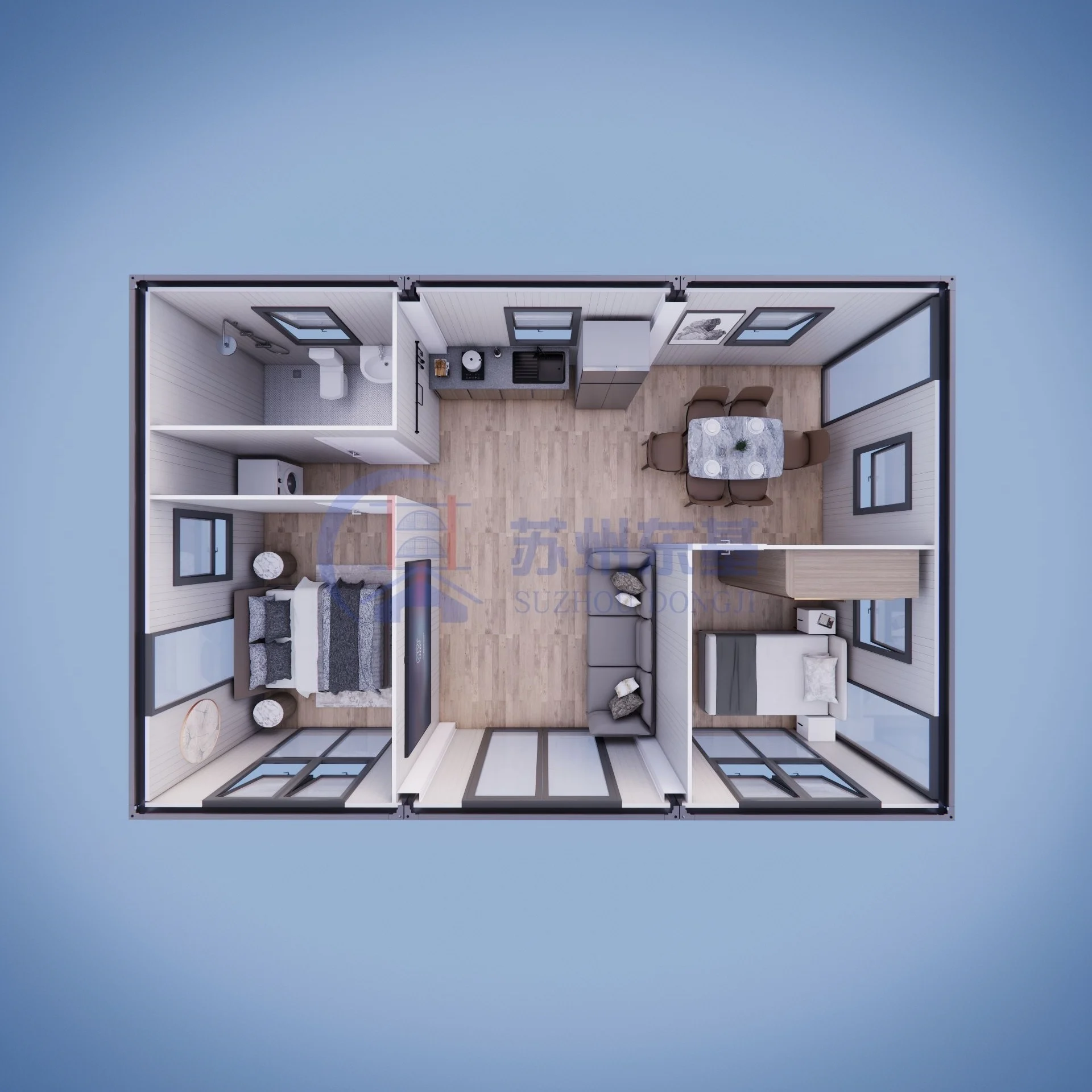 Biệt thự 30ft màu gỗ có kính, khung thép, tiền chế, lắp ráp được, phòng khách, container tháo rời, nhà gia đình, nhà ở, văn phòng