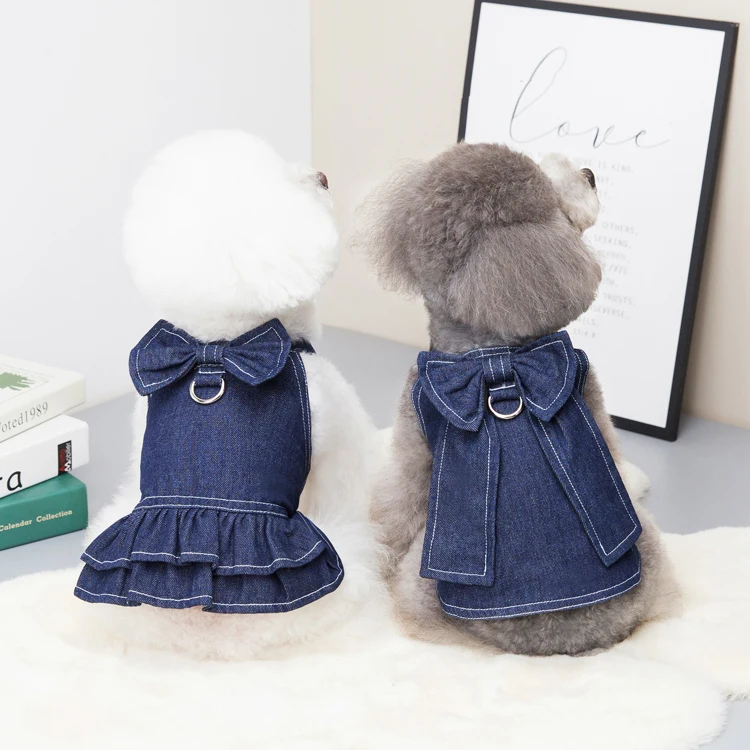Popular Hot Sale Spring Summer Pet Clothes Big Bow Tie Jeans Dog Vest T-shirt Dress XS Clothes with Hanger for Dog Leads