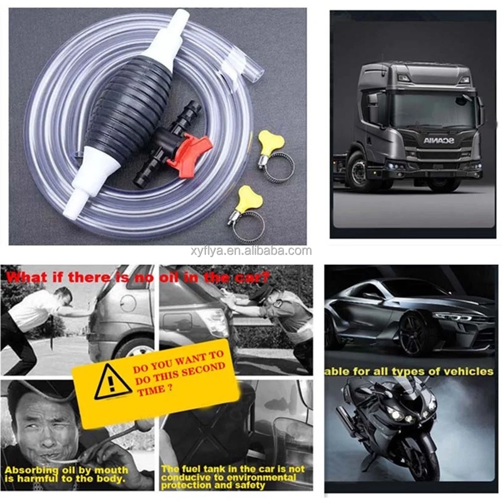 Manual Siphon Hand Pump For Fuel Transfer - Portable 2M Hose For Gasoline/Petrol