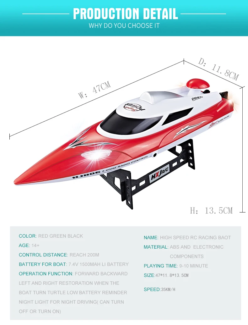Hongxunjie HJ806 RC Boat - High Speed Racing with LED Lights