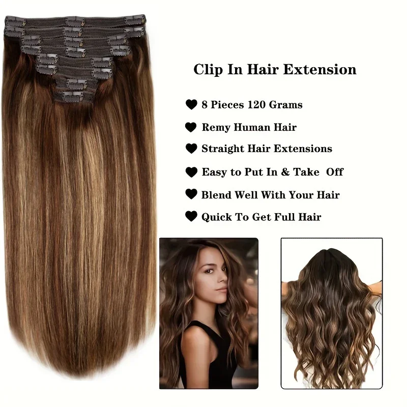 Straight Clip in Hair Extensions 100% Real Human Hair Brown Highlights Blonde Clip In Remy Human Hair Extension For Women_voghion.com