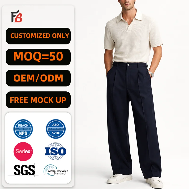 Custom Manufacturer Oem Wholesale Zipper Fly Straight Leg Pleated Man Pants