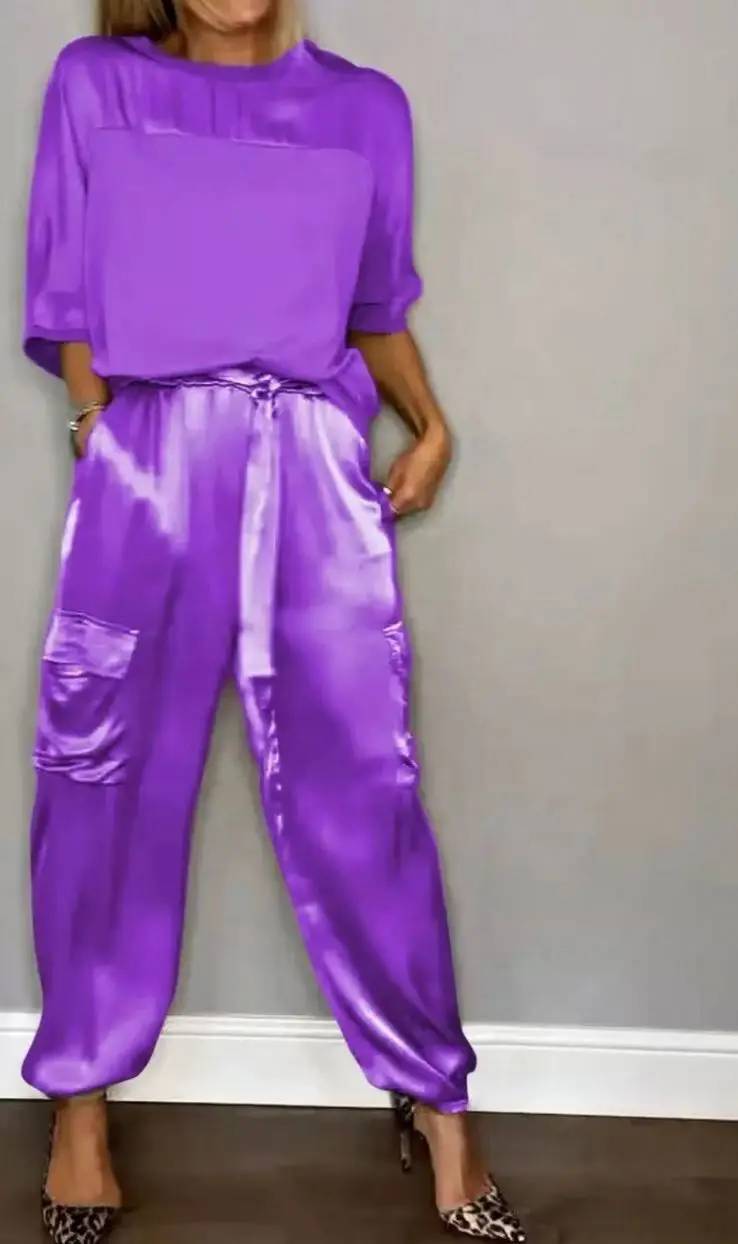 2026 New Smooth Satin Half Sleeve Top Suit Two Piece