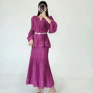 Women's Pleated 2 Piece Set - Long Sleeve V-Neck Blouse with Lace Trim  Maxi Skirt Elegant Matching Outfits