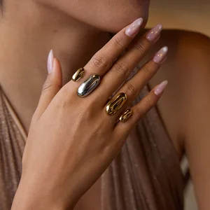 MW 18K Gold Stainless Steel Adjustable Beaded Stackable Ring Modern Minimalist Oval Design Trendy Wedding Jewelry Gift Rings