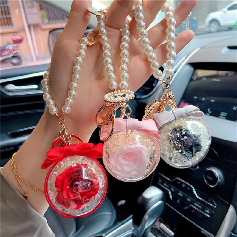 Factory Wholesale Preserved Rose Everlasting Flower Acrylic Ball Key Chain for Women Girls Car Hanging Valentine's Day Gift