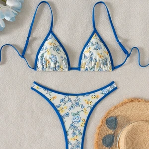 New Sexy Floral Halter Tie Bikini Set for Women Thong Swimwear Two Piece Swimsuit Made of Spandex/Nylon for Beach Use