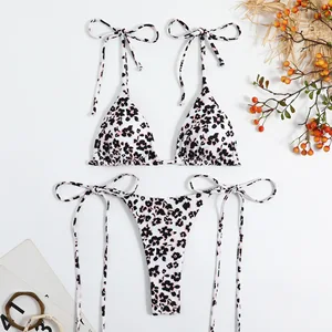 New Sexy Triangle Bikini Set with Tie Strings and Reversible Floral Print, Two Piece Swimsuit with Thong Bottom