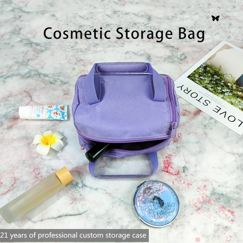 Purple Toiletry Handbag Ladies Makeup Train Cases Large Fashion Cosmetic Bag With Zipper manufacture