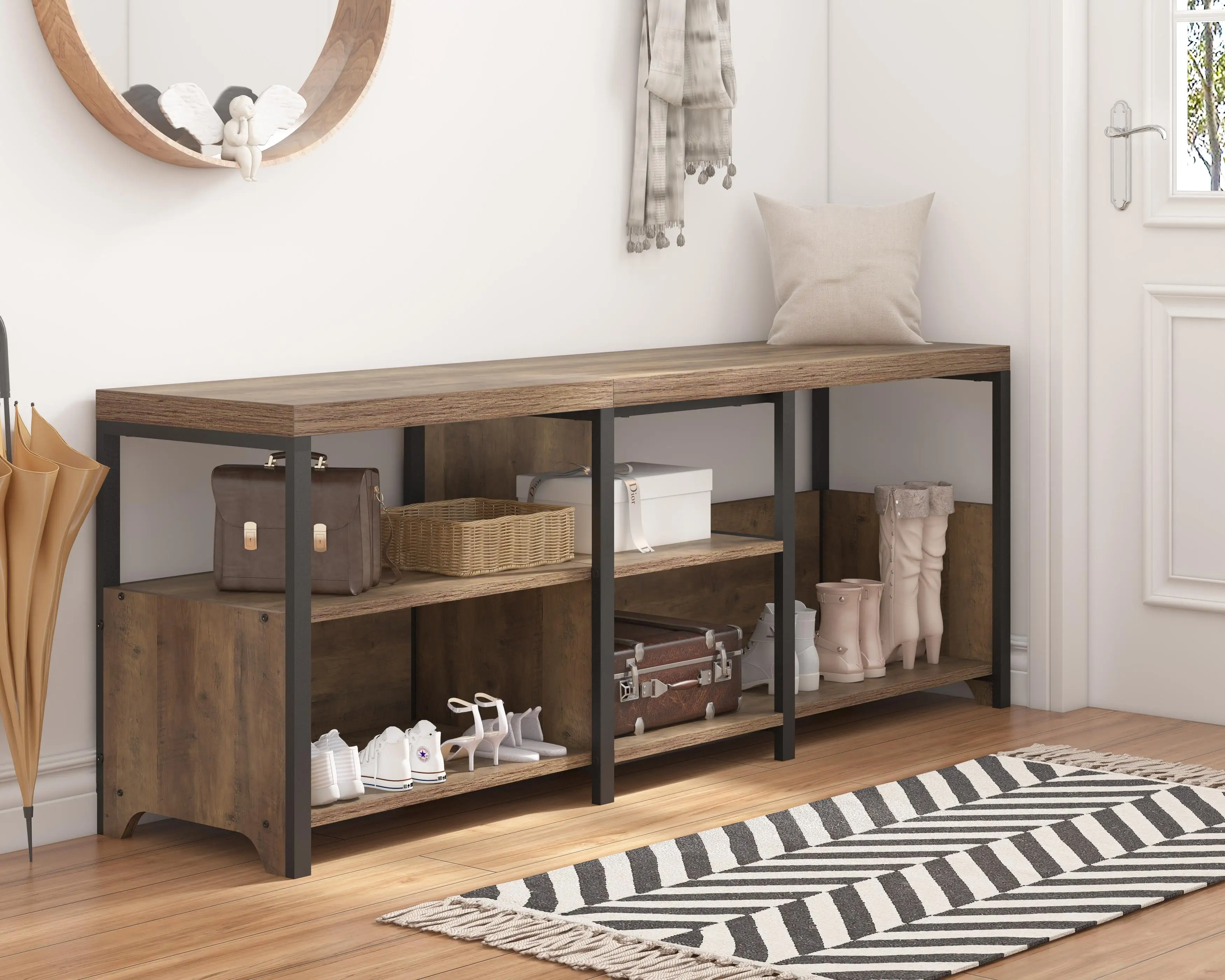 Rustic Corner Convertible Storage Bench Wooden Metal L Shaped Table Bench Shoe Bench for Home