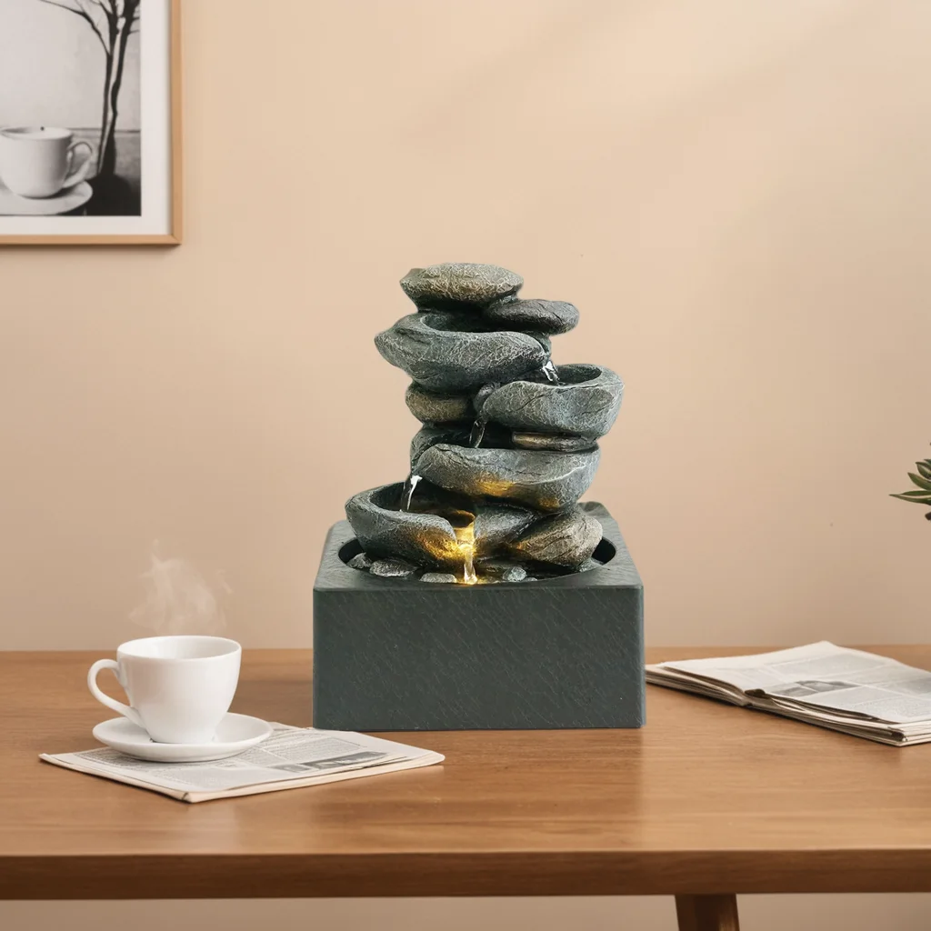 Four Layer Rockery Tabletop Water Fountain Decoration Home Decoration with LED Lights for Indoor Religious Buddhism GENO 100pcs