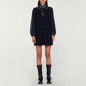 Clothing Manufacturer Custom Spring Autumn Black Crew Neck Long Sleeve Women Billowy Chiffon Mini Dress