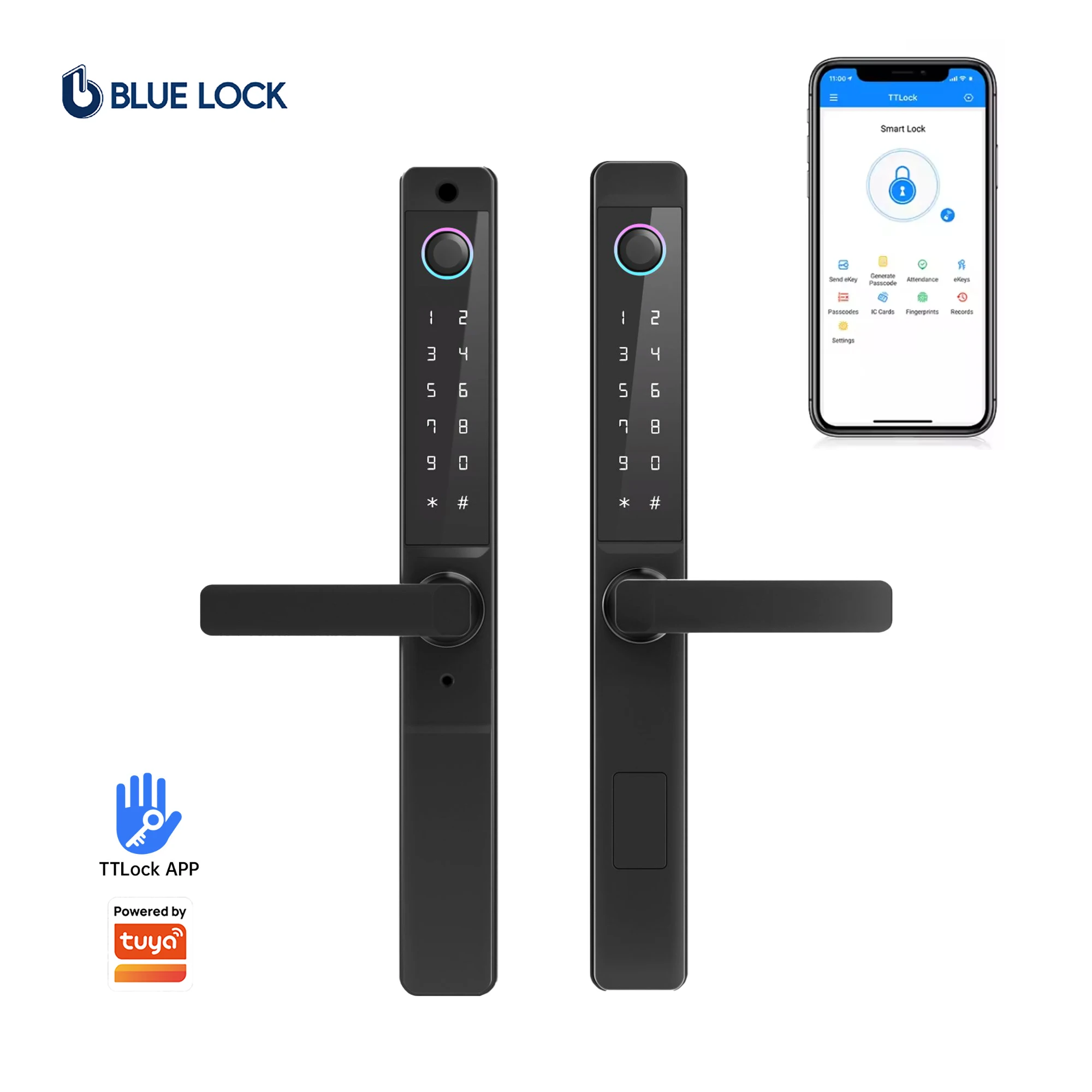 Bluelock Waterproof Tuya APP WiFi BLE Fingerprint TTlock Smart Lock Slim Door Lock Narrow Wooden Door Aluminum Doors Cloud Black