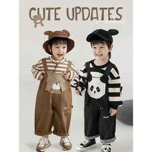 Boys' Embroidered Patch Bear Print Cute Overalls 2023 Autumn New Arrival Children's Chest Pocket Casual Pants