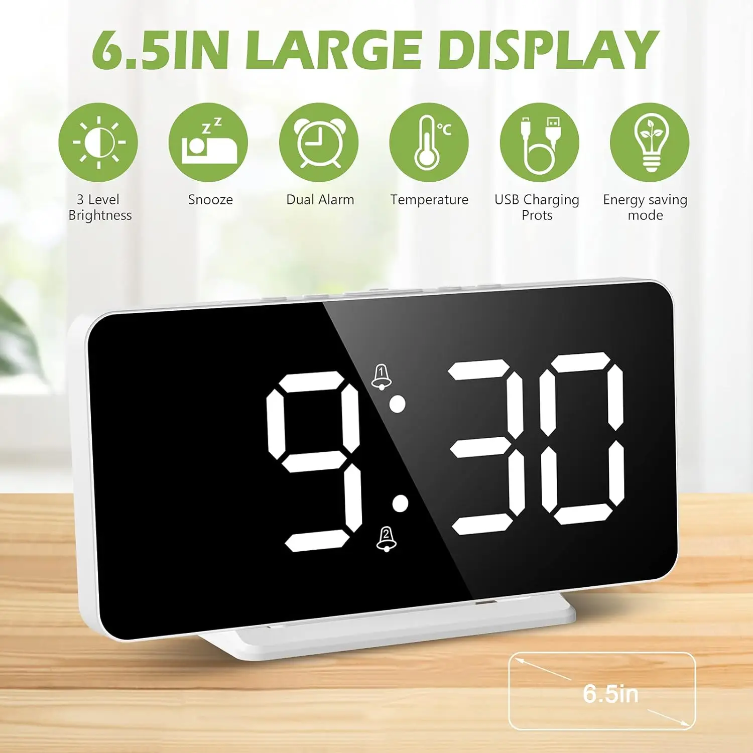 LED Snooze Clock 2 Alarms Digital Mirror Screen Time Date Display Electronic Clock USB Charging Photosensitive Digital Clock