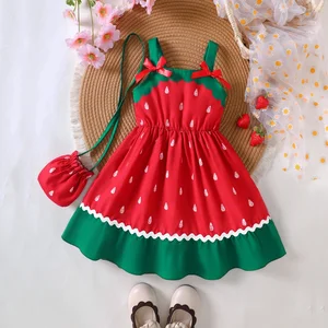 Casual Suspender Dress New Bow Watermelon Print Girls Dresses for Girls