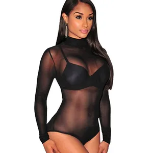 European American Style Sexy Lingerie Black Tight Mesh See-through One-piece No Crotch Nightdress Long Sleeve Temptation ODM