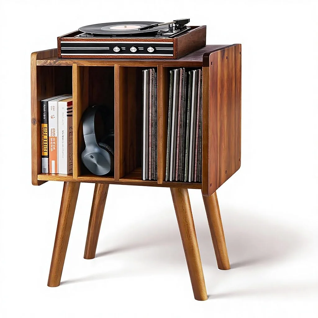 Wooden LP Record Player Stand 4 Cabinets Holds 100 Vinyls Metal Storage Holder Organizer Table Mid-Century Modern
