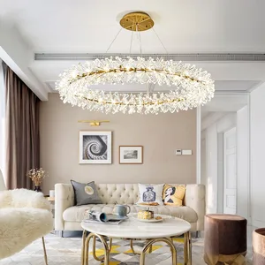JACKSUN Gold Garland Ring LED Crystal Chandeliers 24-inch Adjustable Ceiling Pendant Light Living Room Bedroom