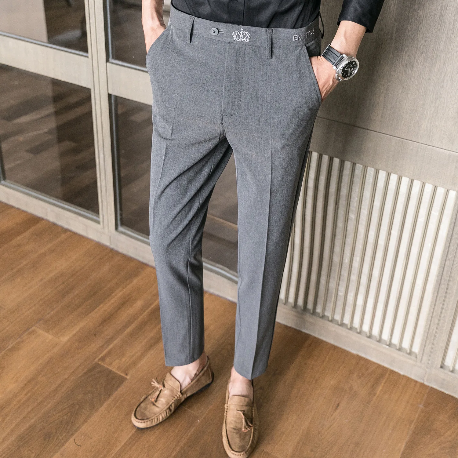 New Men's Business Casual Skinny Stretch Slim Fit Pencil Pants Trousers  Fashion Zipper Mid Waist Solid Jogging Khaki Track Pants