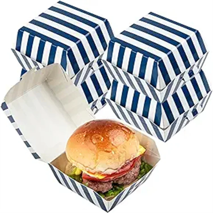 Custom 2.5 X 2.5 X 2 Inch Mini Burger Boxes Hinged Lid Striped Blue and White Paper Take Out Boxes Serve Sliders or Finger Foods