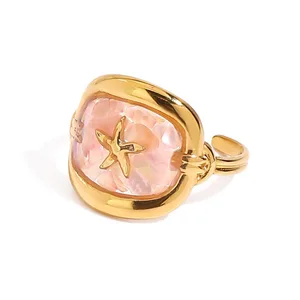 MW Women's 18K Gold-Plated Stainless Steel Summer OceanStyle Fashion Starfish Open Adjustable Personalized Stainless Steel Rings