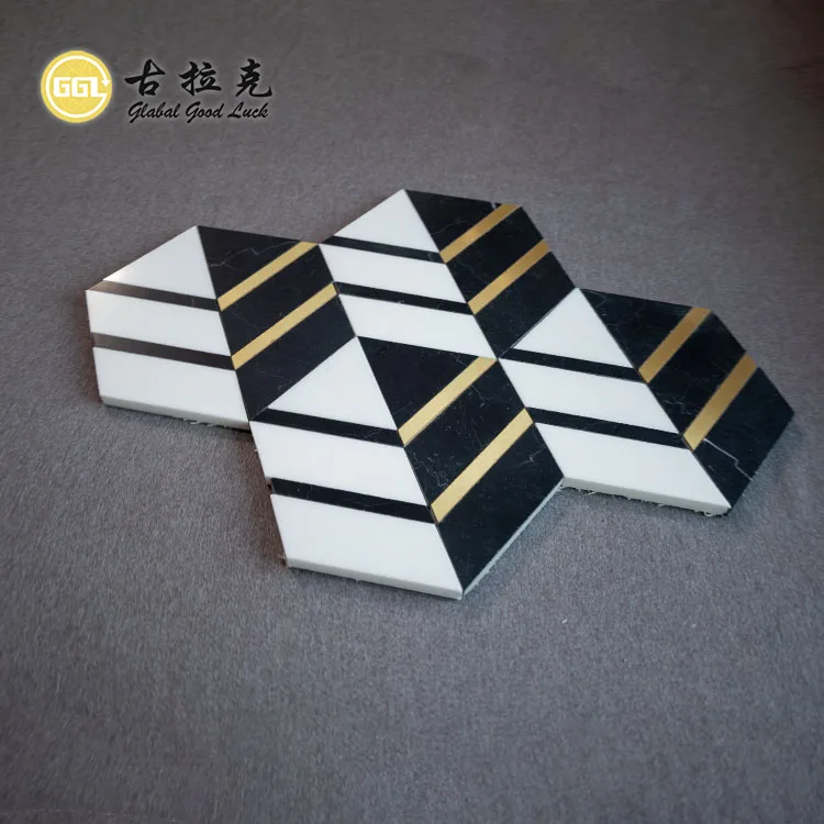 Marble Mix Brass Mosaic Tile for Villa Hotel Project Wall Decoration Black White Hexagon Tile With Metal