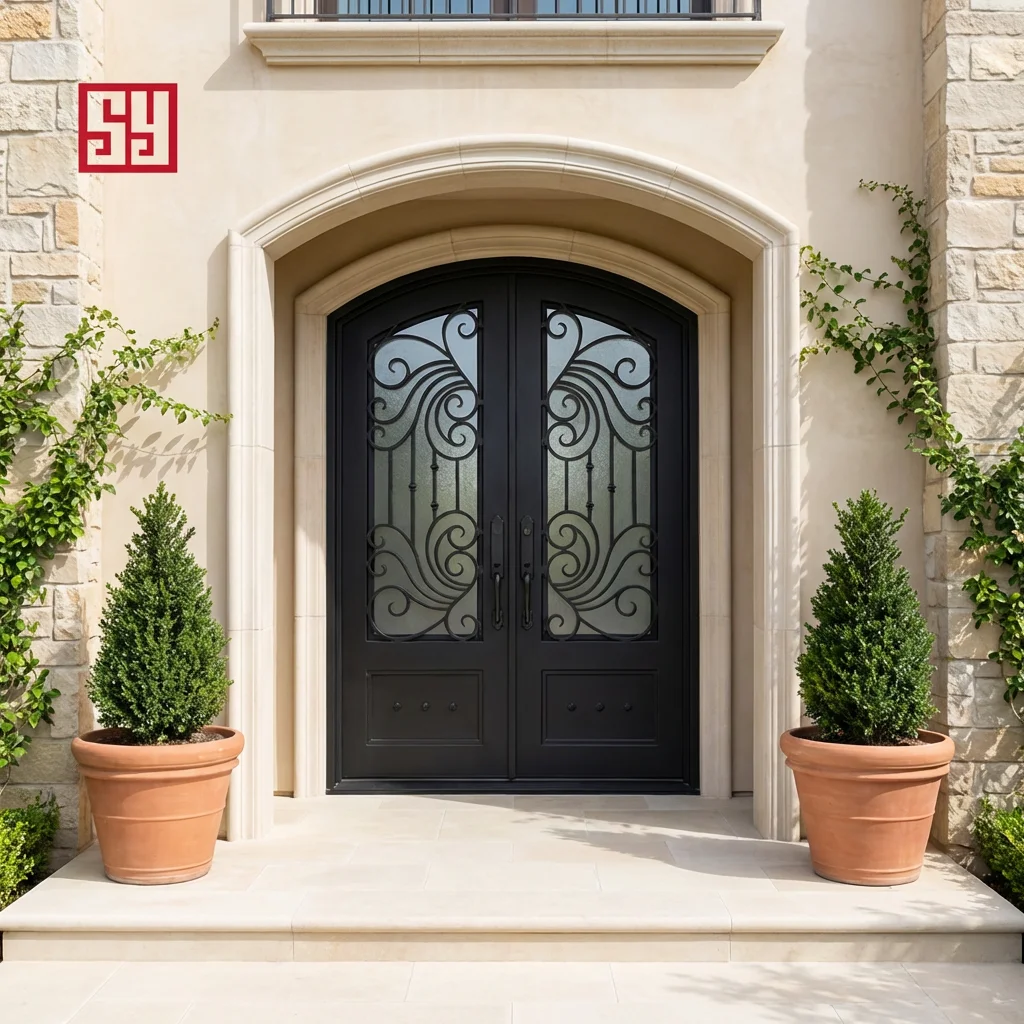 Modern French Swing Steel Wrought Iron Door for Commercial Exterior | Front Entry Double Door with Window Grill
