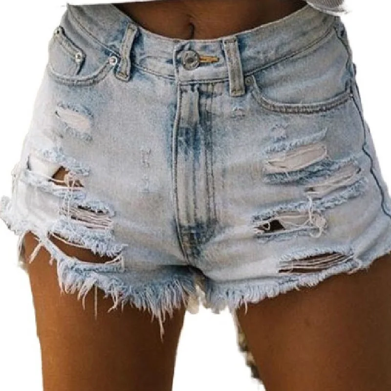 Annystore Women Jean Shorts Stretch High Waist Ripped Plus Size Denim Frayed Raw Hem Mid Rise Casual Jeans