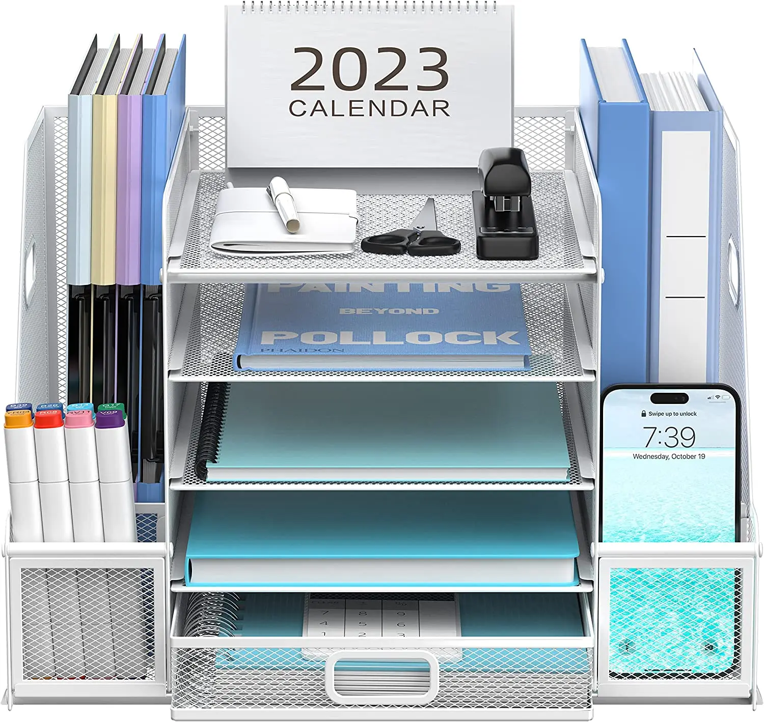 White Metal Mesh Desk Organizer with File Holder 5-Tier Paper Letter ...