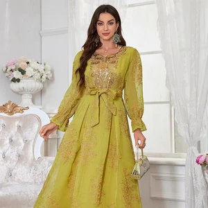 AB312 Modest  Abaya Dress Muslim Women's Dress Long Sleeve V Neck Elegant Slim Caftan Muslim