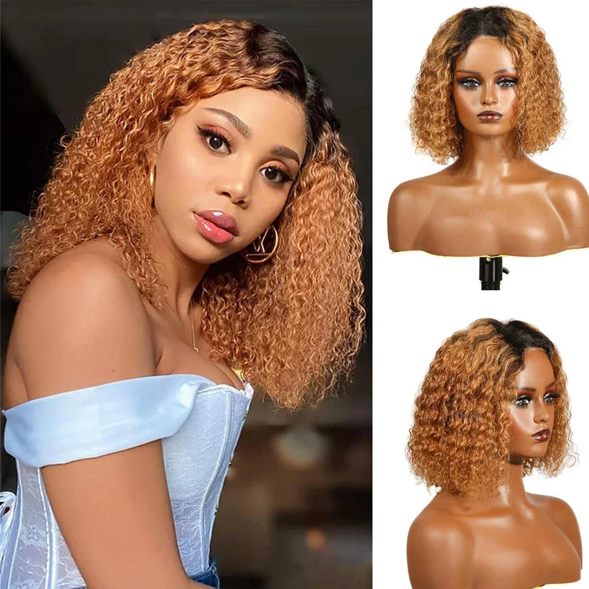 Bob-Perücken, tief gewellt, Ombre, Spitzenfrontverschluss, Remy-Haar, 180 % Dichte_voghion.com