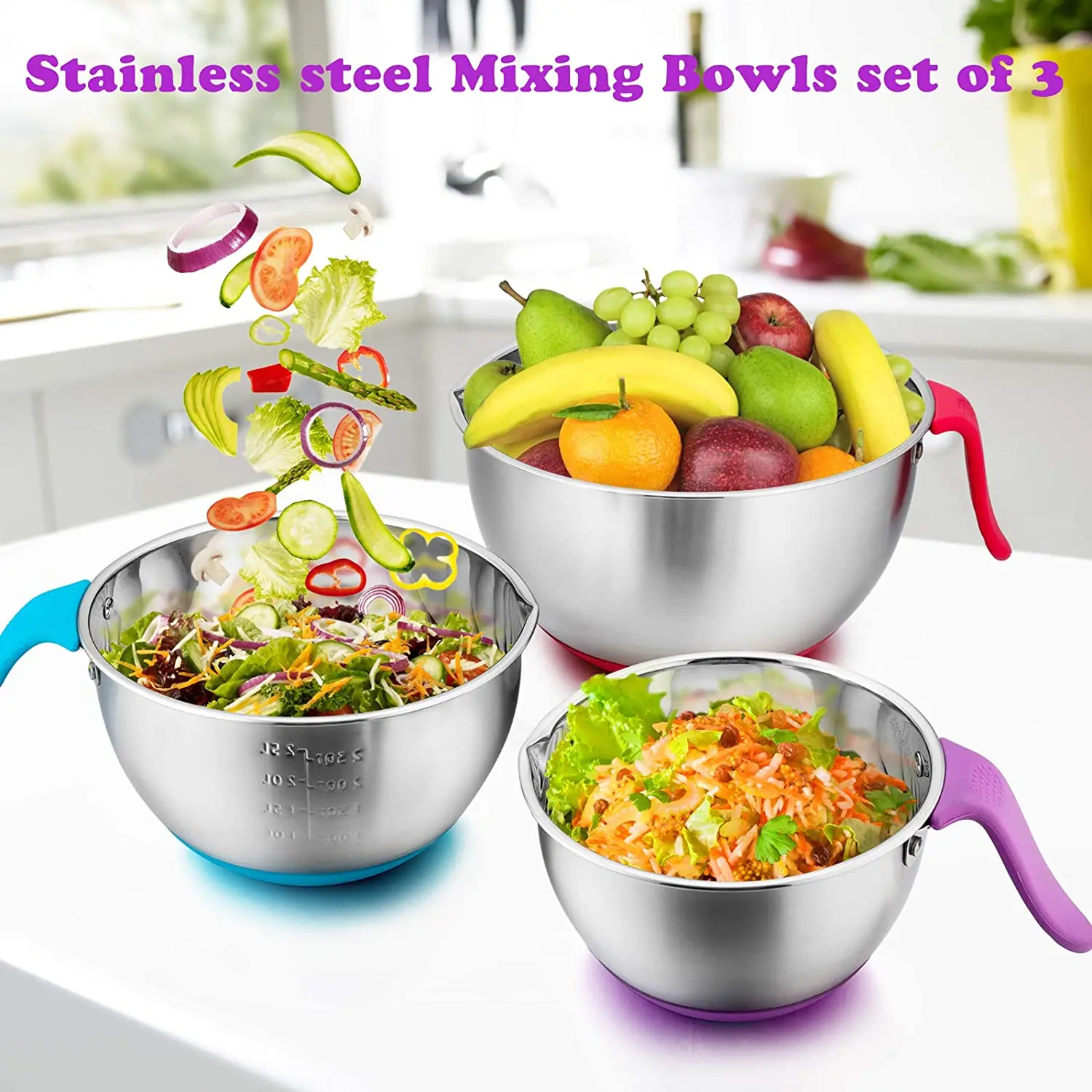 Mixing Bowls Mixing Bowl Set With 3 Graters Long Handle Pour Spout Serving Salad Bowl Hot Sale Stainless Steel With Lids Metal