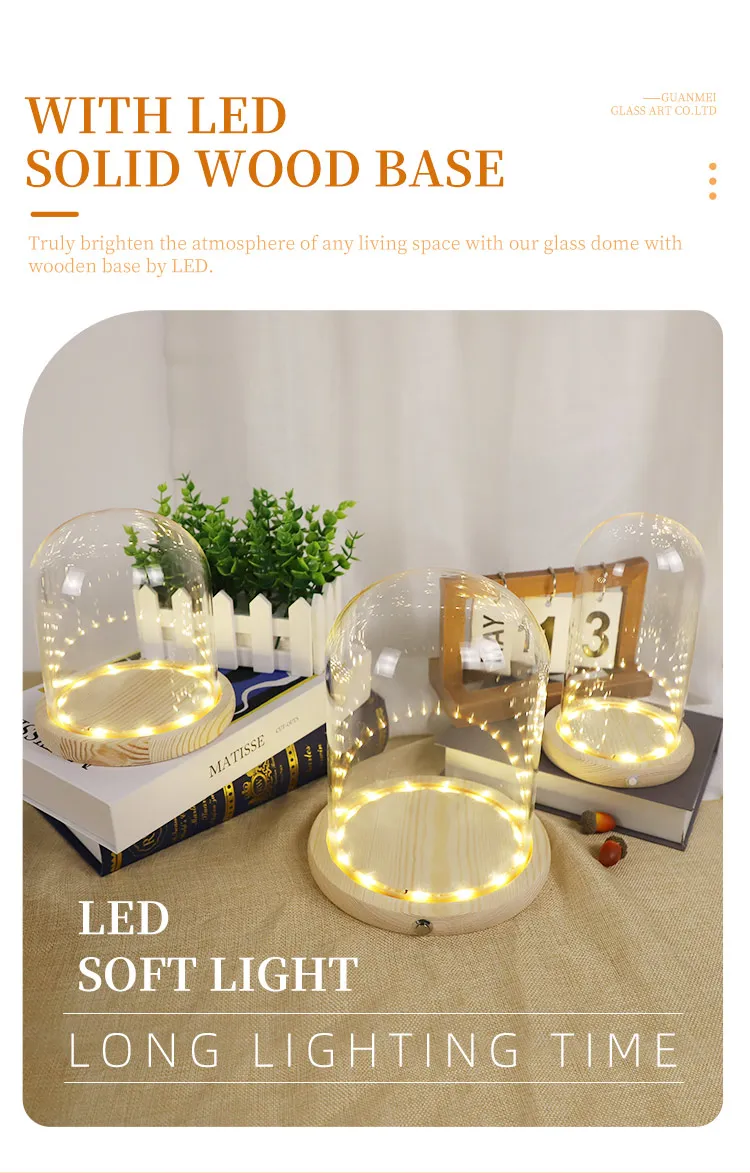 Handmade tabletop display round dome cloche with wooden led lights  Bell Jar Ornaments wholesale supplier